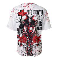 White baseball jersey with red-and-black skeleton couple graphic, cross and roses