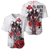 White baseball jersey set showing front and back views with red-and-black skeleton art
