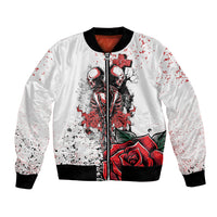 White bomber jacket with front zipper and black ribbed trim; red skeleton graphic