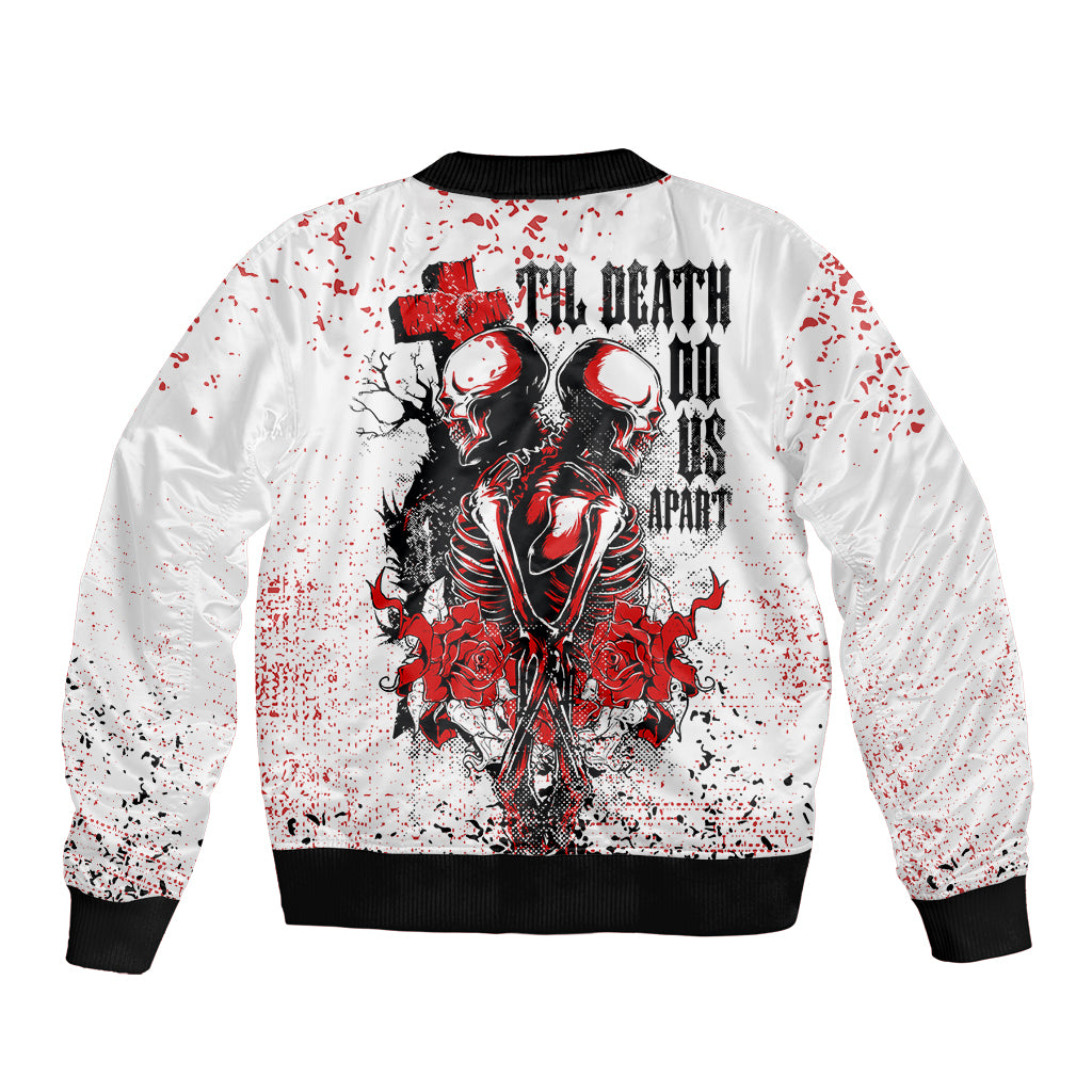 White bomber jacket with black ribbed collar; back skeleton graphic and red splatter