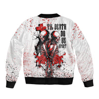 White bomber jacket with black ribbed collar; back skeleton graphic and red splatter