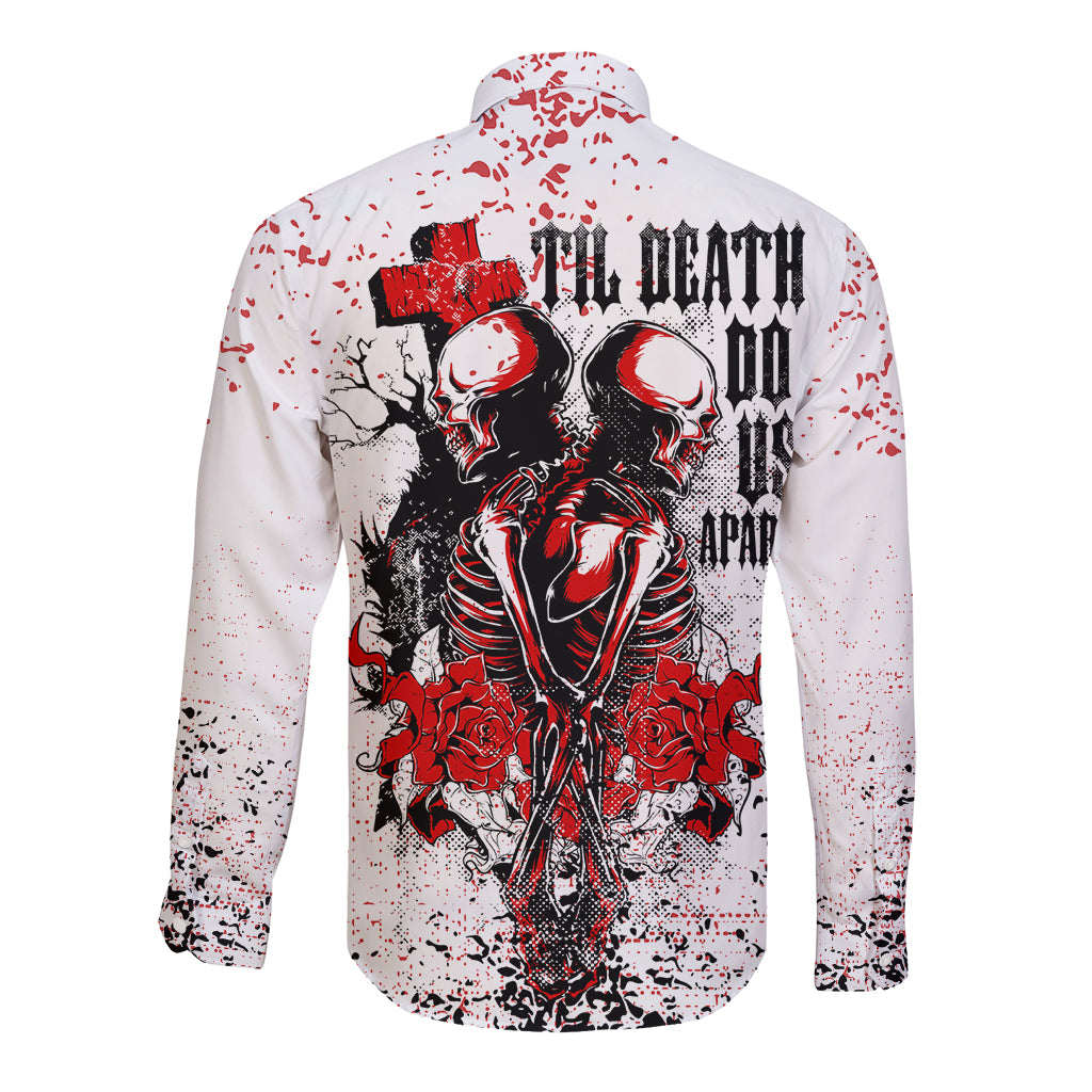 White long-sleeve button shirt with red/black skeleton back graphic and paint-splatter.