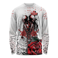 White long sleeve graphic shirt with skeleton couple front print and red roses