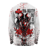 White long sleeve graphic shirt with skeleton couple death-themed back print