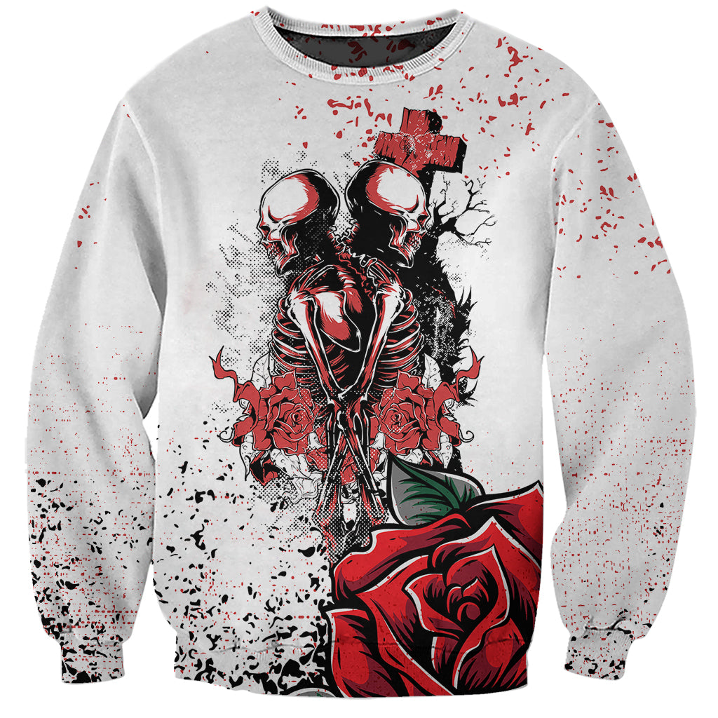 White pullover sweatshirt, front graphic of two skeletons with roses and red heart