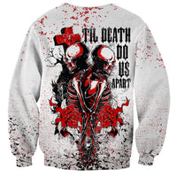 White pullover sweatshirt, back graphic of two red-and-black skeletons with roses