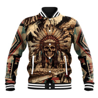 Kraft varsity baseball jacket with front tribal skull feather print and snap-button placket