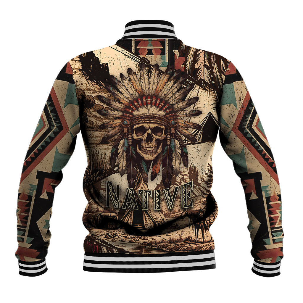 Tribal skull feather baseball jacket in kraft with ribbed striped collar and cuffs