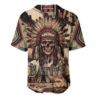 Tribal skull baseball jersey with headdress graphic, V-neck button-front, tan and dark.