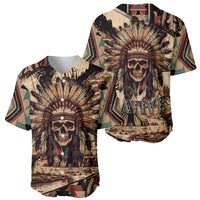 Tribal skull baseball jersey with headdress print, front and back views shown in pair.