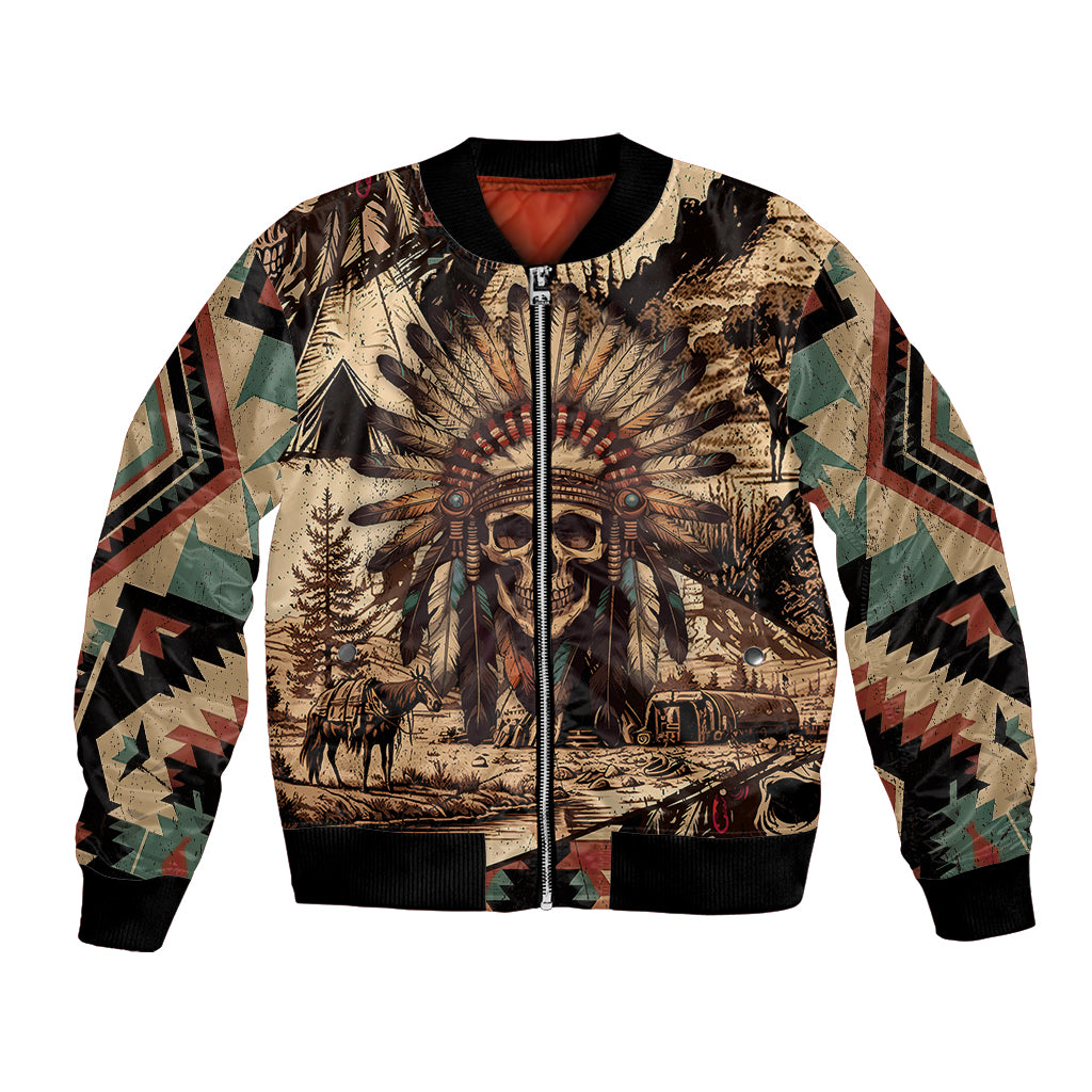 Bomber jacket with front zipper and skull landscape graphic, ribbed hem and cuffs