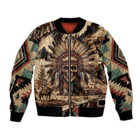Bomber jacket with front zipper and skull landscape graphic, ribbed hem and cuffs