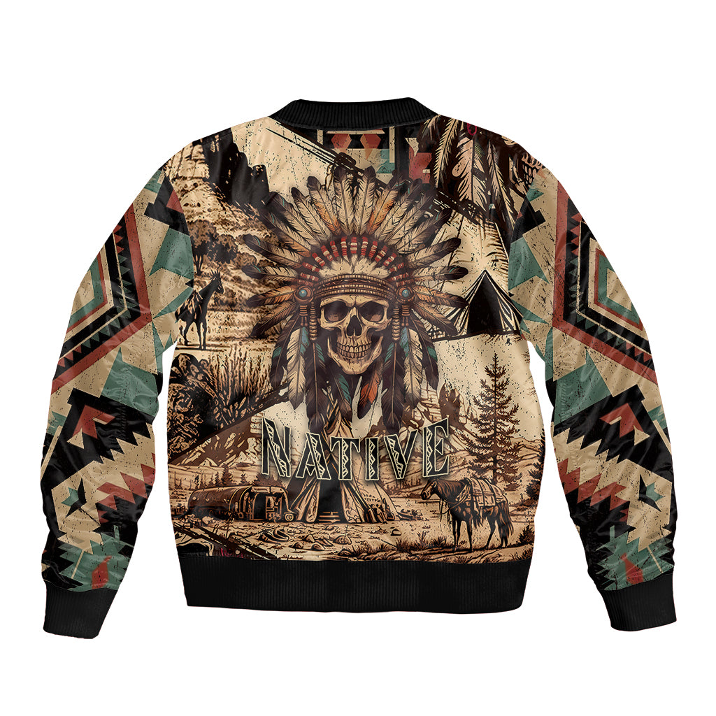 Bomber jacket with tribal skull feather print, ribbed black collar and cuffs