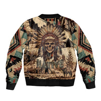 Bomber jacket with tribal skull feather print, ribbed black collar and cuffs