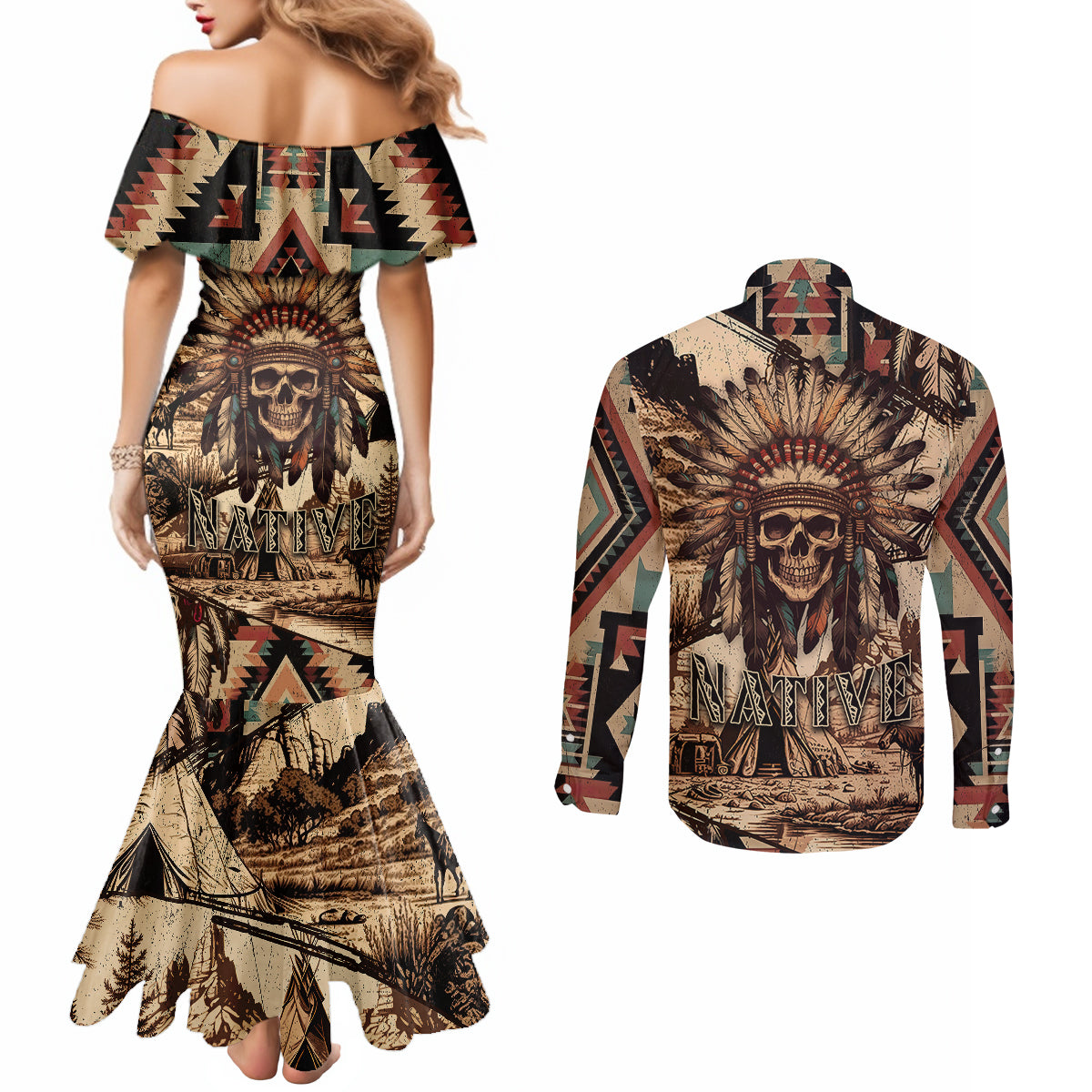 native-american-skull-couples-matching-mermaid-dress-and-long-sleeve-button-shirts-with-tribal-prints