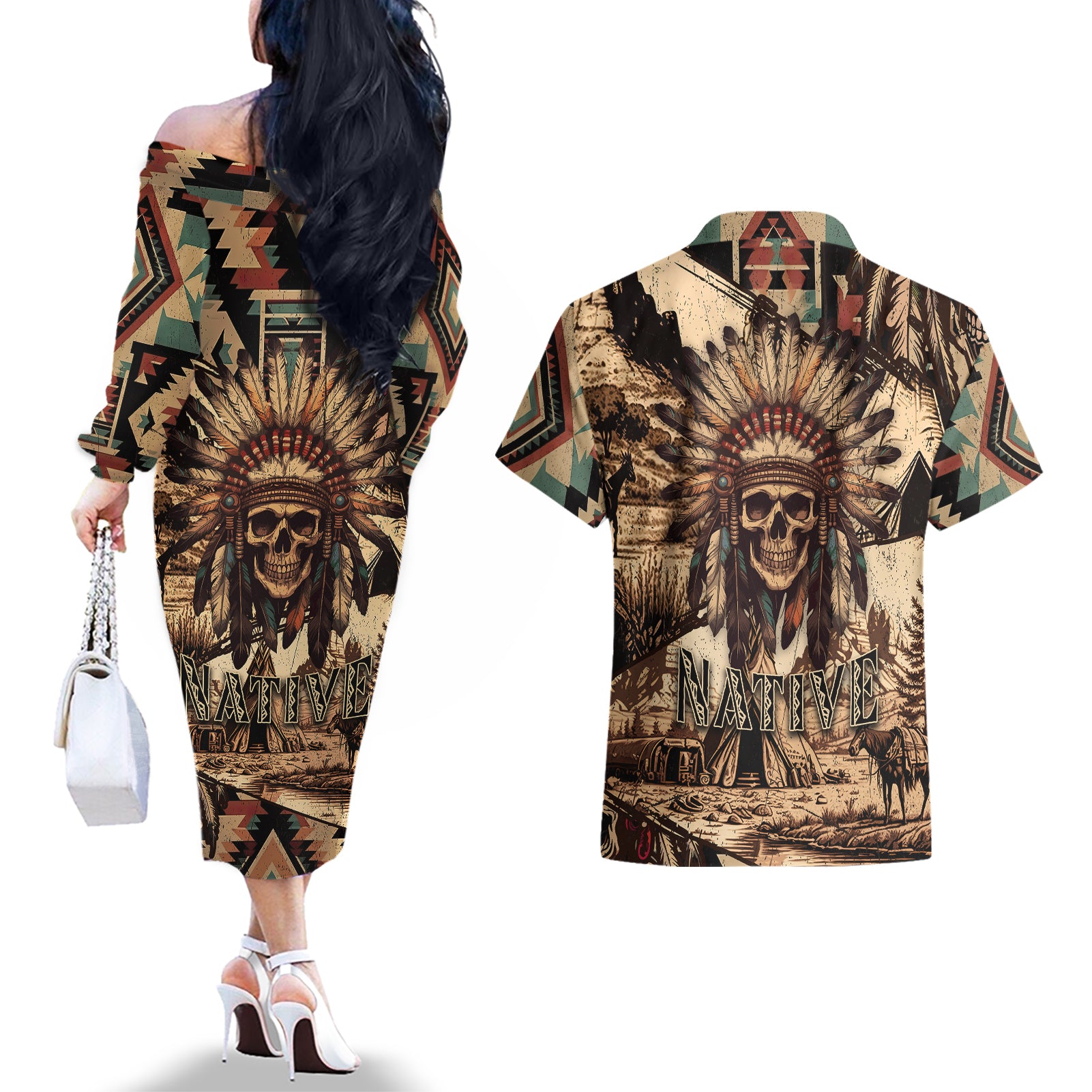 native-american-skull-couples-matching-off-the-shoulder-long-sleeve-dress-and-hawaiian-shirt-with-tribal-prints