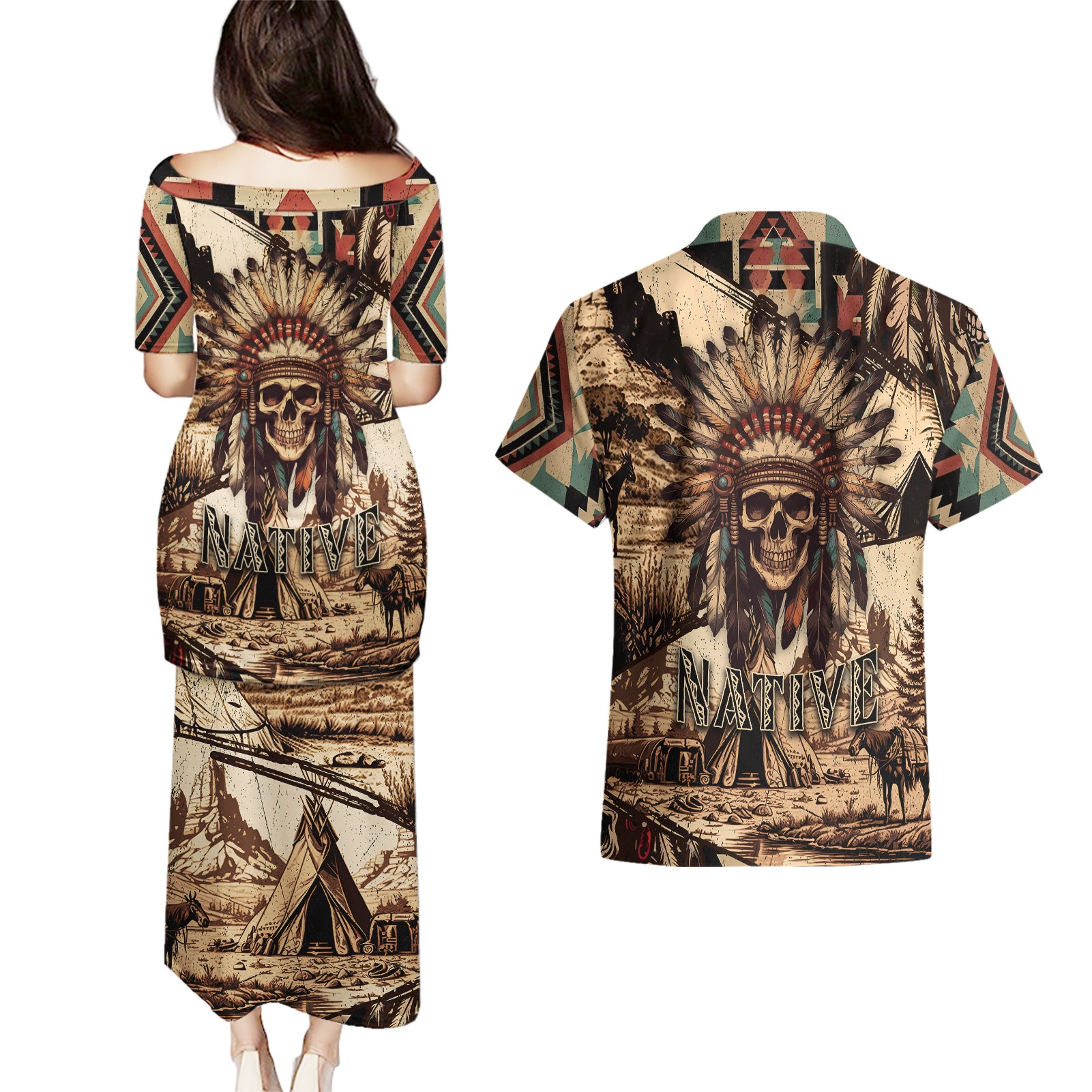 native-american-skull-couples-matching-puletasi-dress-and-hawaiian-shirt-with-tribal-prints