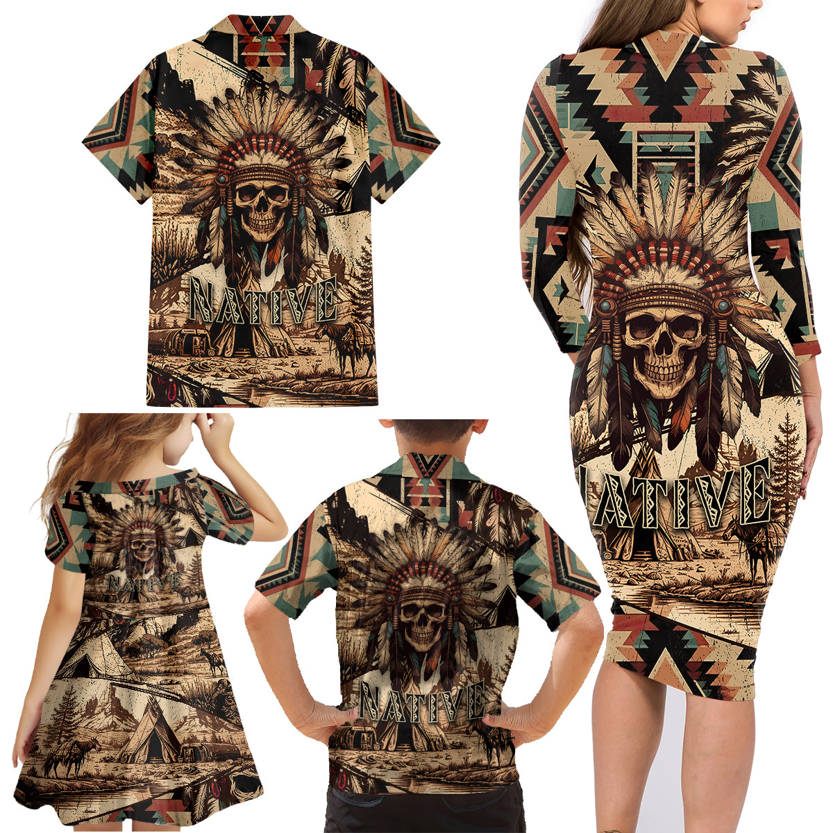 native-american-skull-family-matching-long-sleeve-bodycon-dress-and-hawaiian-shirt-with-tribal-prints