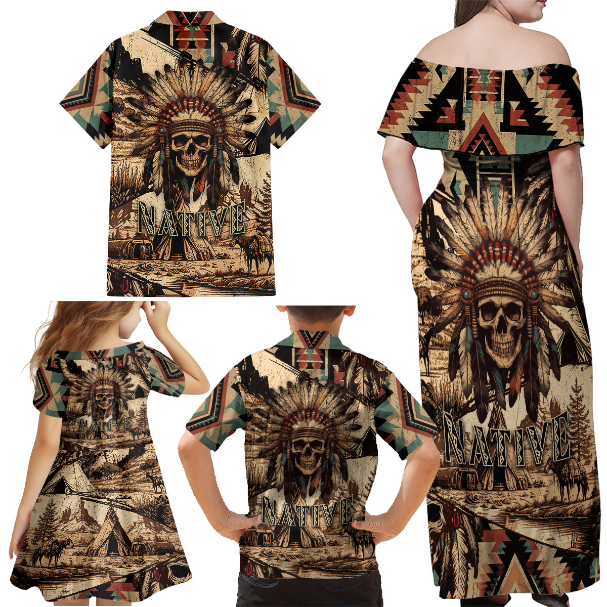 native-american-skull-family-matching-off-shoulder-maxi-dress-and-hawaiian-shirt-with-tribal-prints