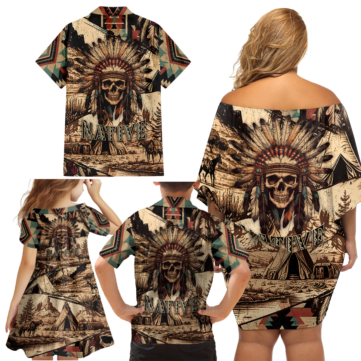 Native American Skull Family Matching Off Shoulder Short Dress and Hawaiian Shirt with Tribal Prints - Wonder Print Shop