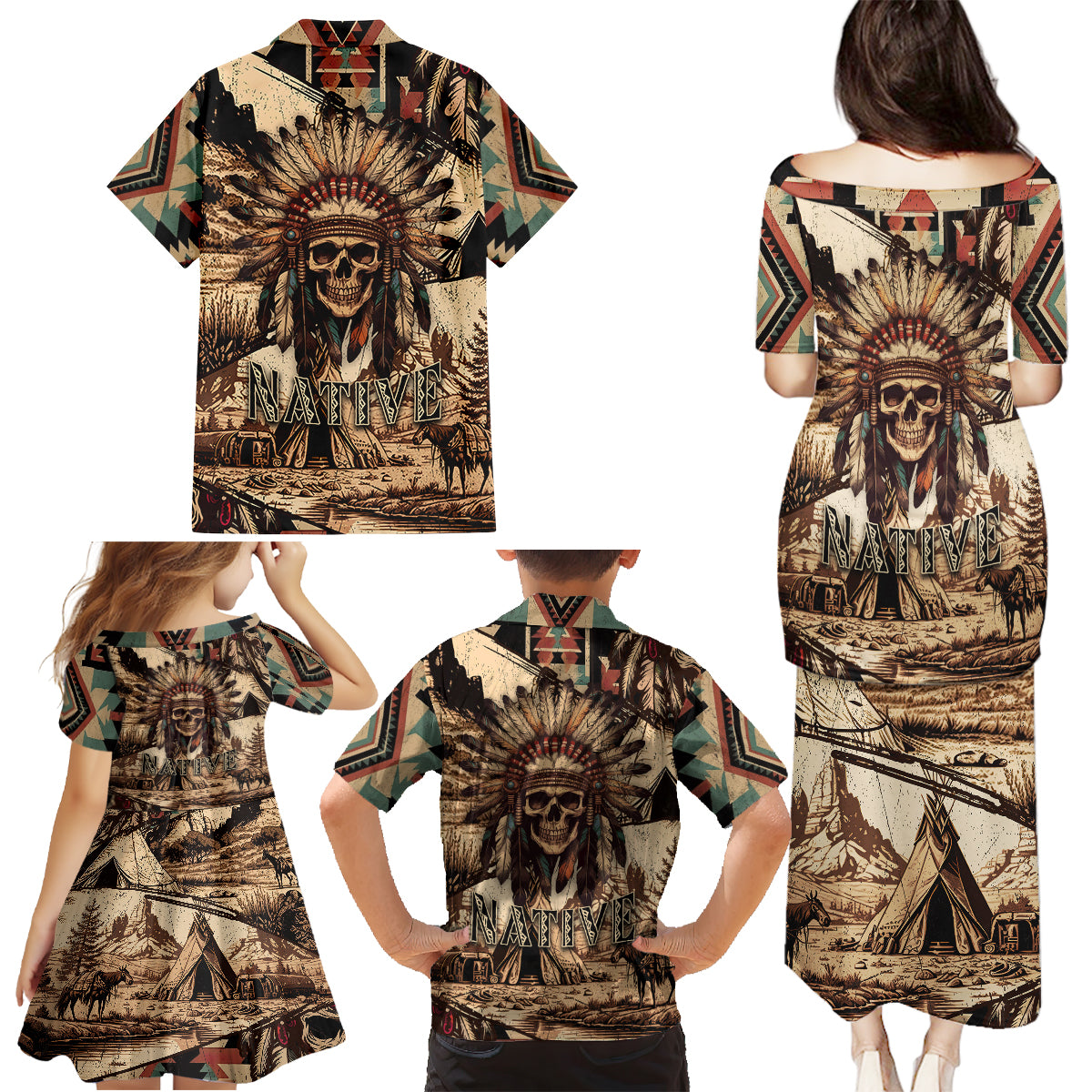 native-american-skull-family-matching-puletasi-dress-and-hawaiian-shirt-with-tribal-prints