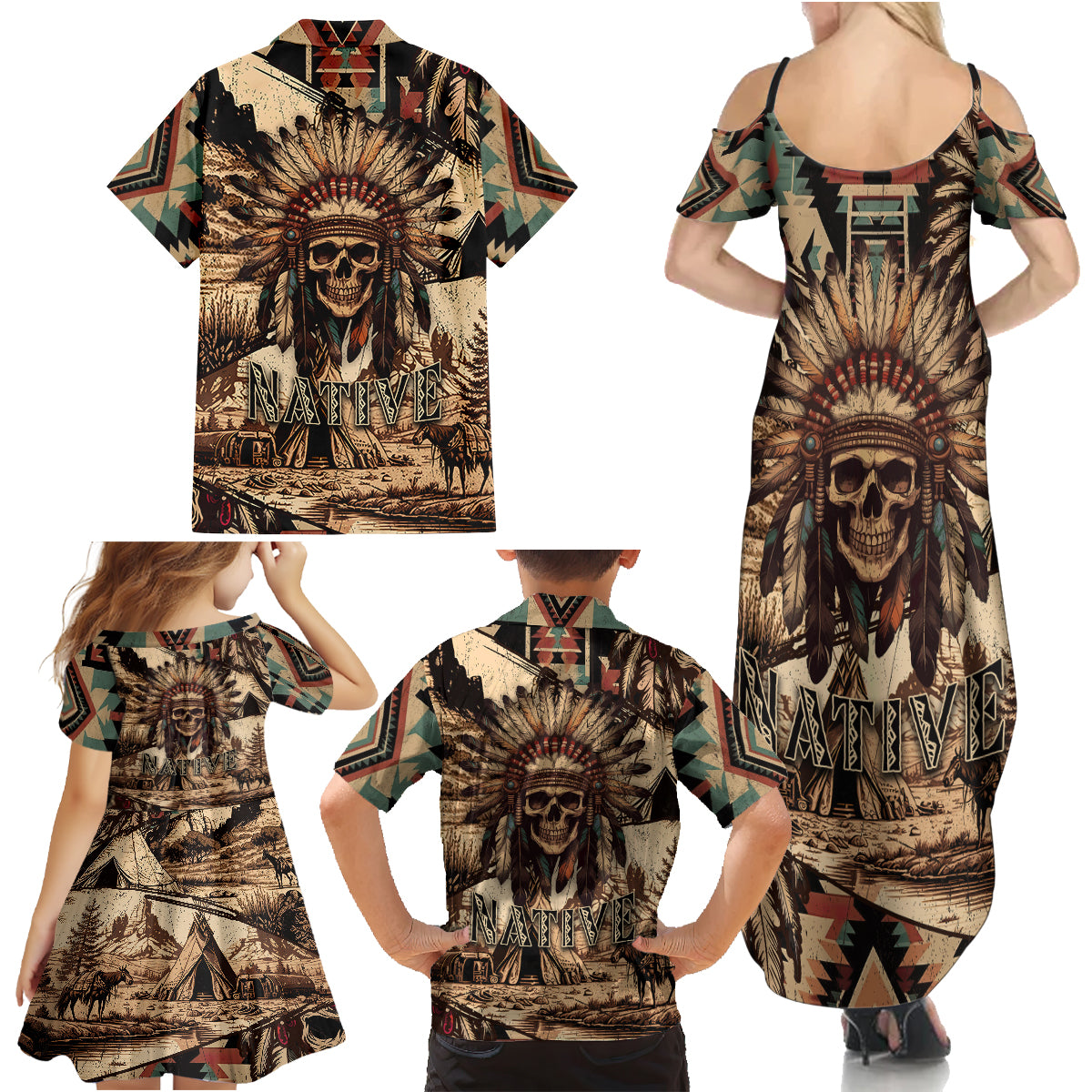 native-american-skull-family-matching-summer-maxi-dress-and-hawaiian-shirt-with-tribal-prints