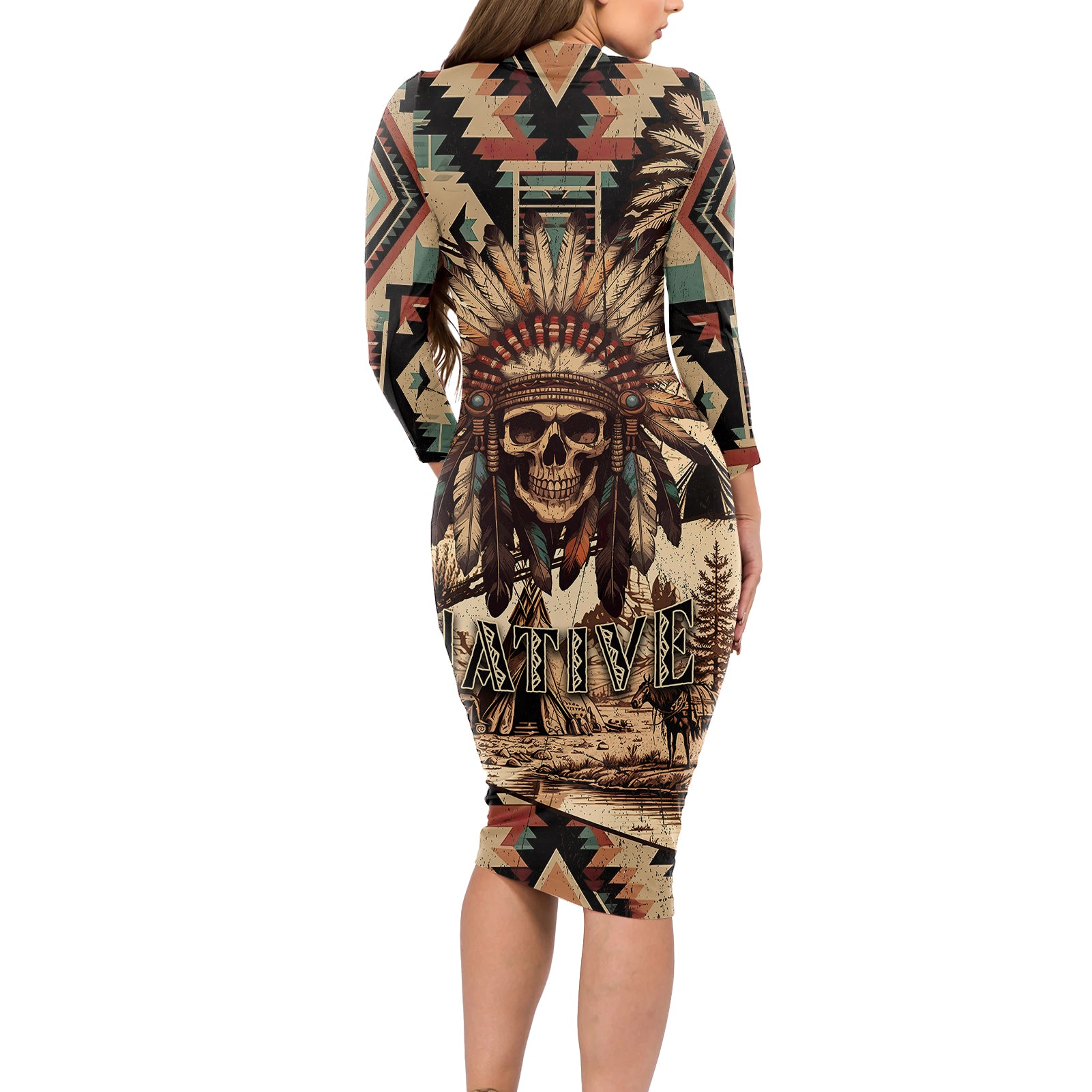 native-american-skull-long-sleeve-bodycon-dress-with-tribal-prints