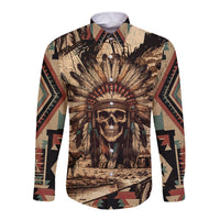 Kraft long-sleeve button shirt with front skull feather tribal graphic and geometric trim