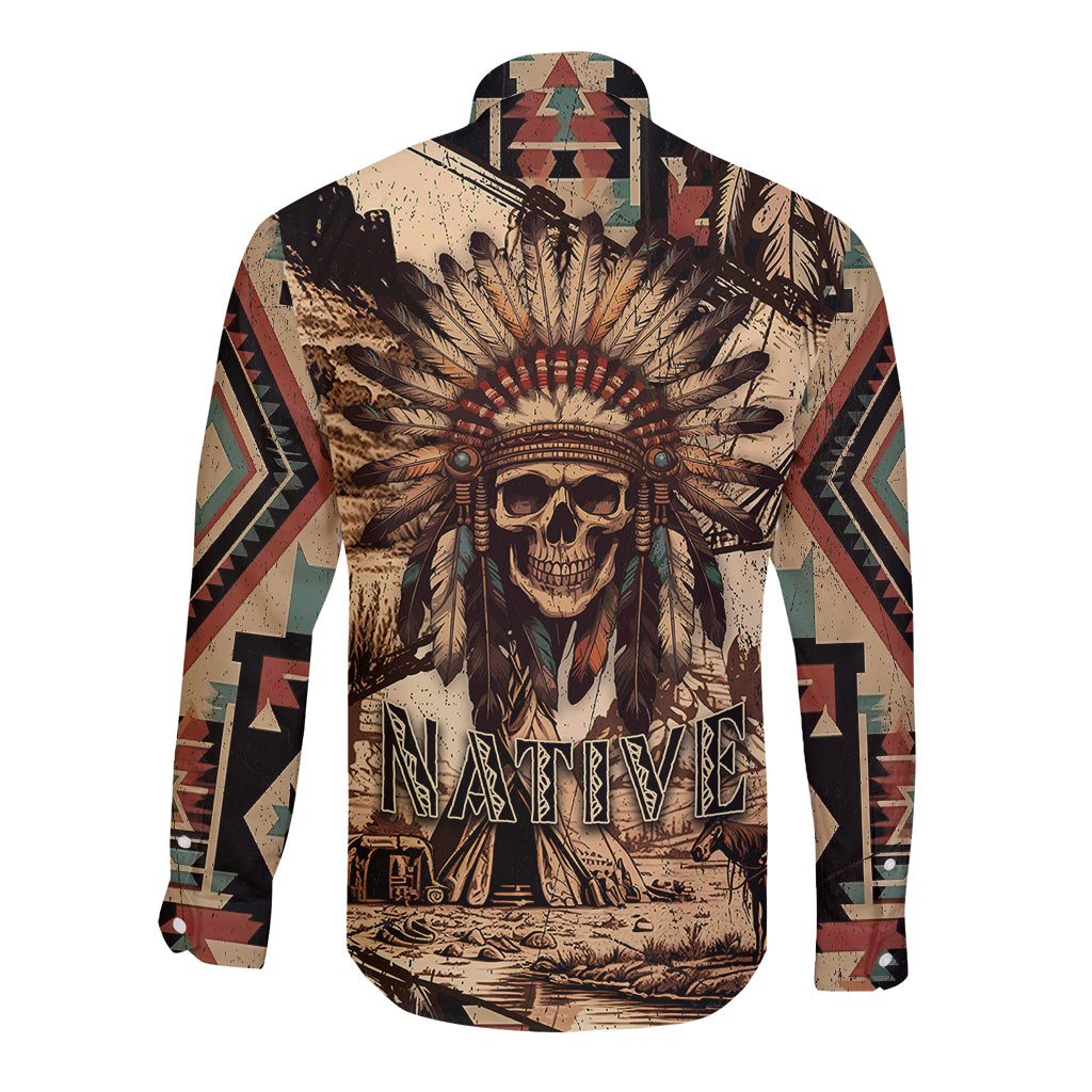 Native American Skull Long Sleeve Button Shirt with Tribal Prints - Wonder Print Shop