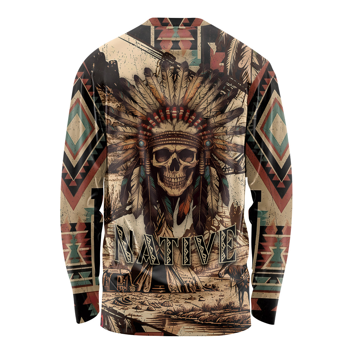 Unisex long-sleeve shirt with Native skull and tribal geometric print, crew neck