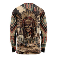 Unisex long-sleeve shirt with Native skull and tribal geometric print, crew neck