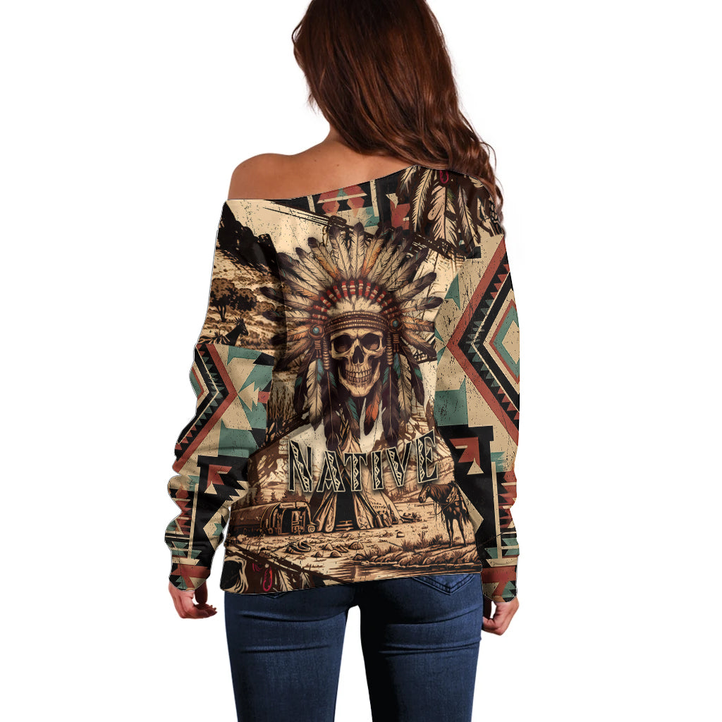 Native American Skull Off Shoulder Sweater with Tribal Prints - Wonder Print Shop