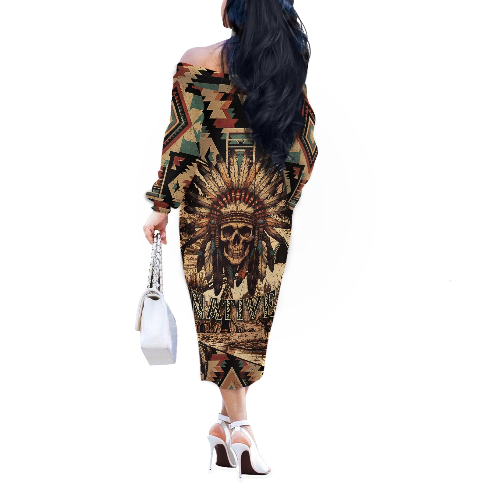 native-american-skull-off-the-shoulder-long-sleeve-dress-with-tribal-prints