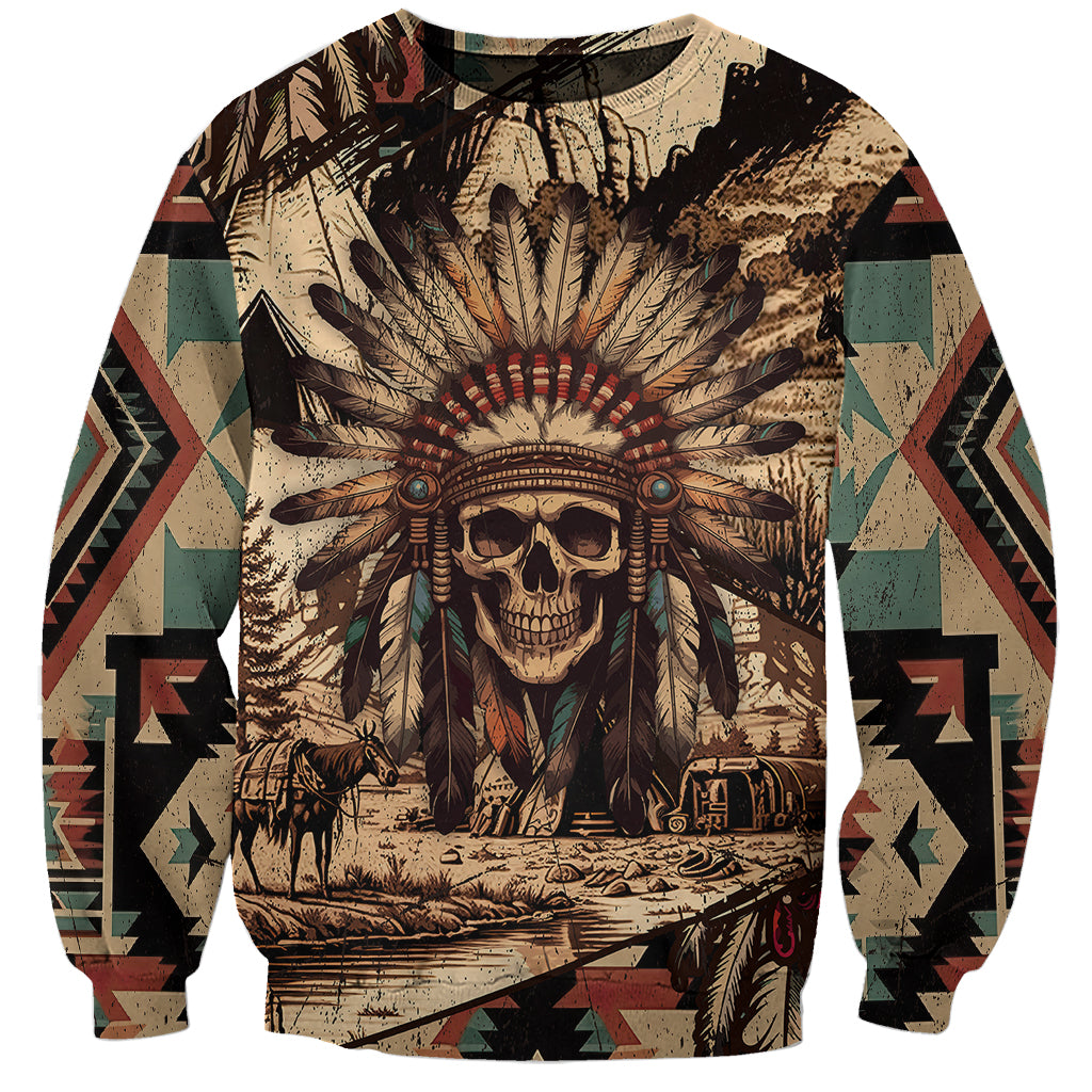 Kraft sweatshirt with tribal skull headdress graphic, feather rays, and Native text