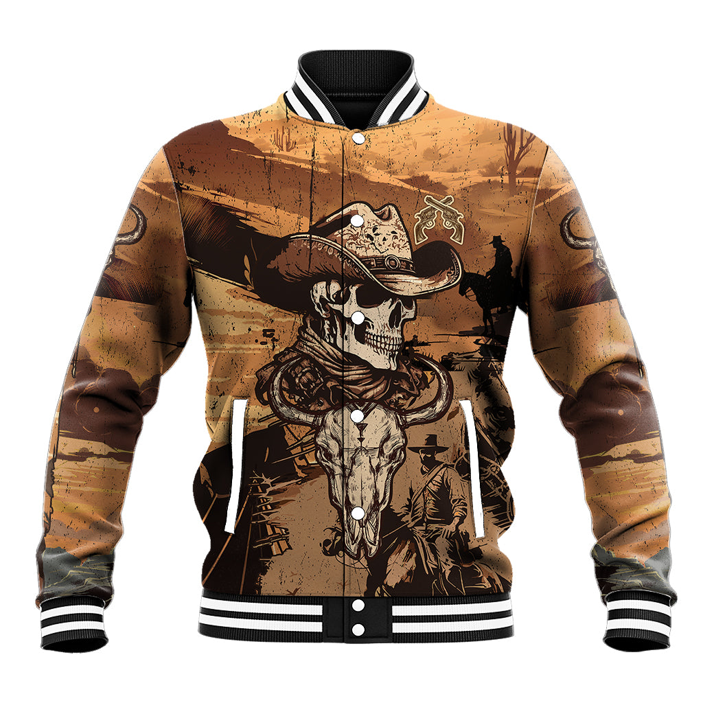 Unisex kraft cowboy baseball jacket with front skull graphic, snap buttons and striped trim