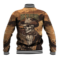 Unisex kraft cowboy baseball jacket with skull graphic, striped ribbed collar and cuffs