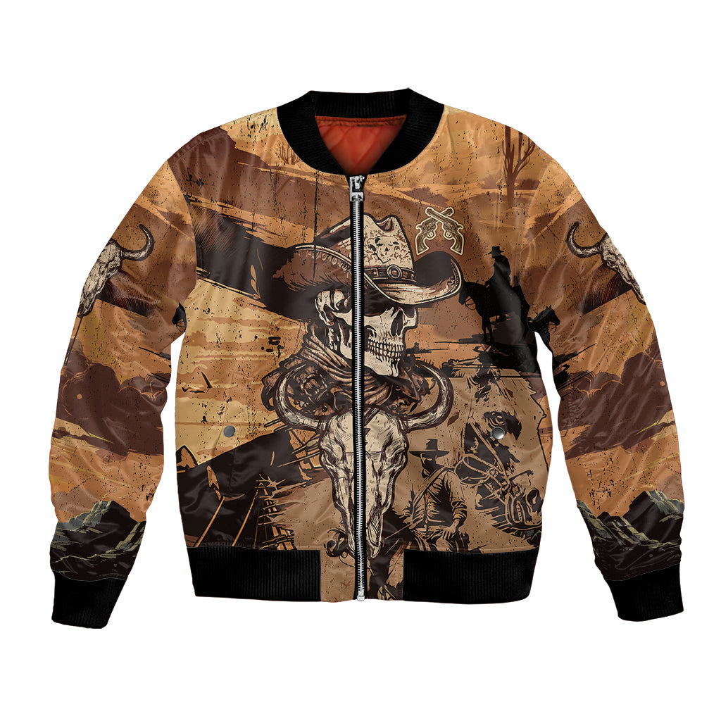 Unisex bomber jacket with cowboy skull front graphic, full zipper, ribbed trim