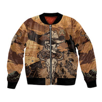 Unisex bomber jacket with cowboy skull front graphic, full zipper, ribbed trim
