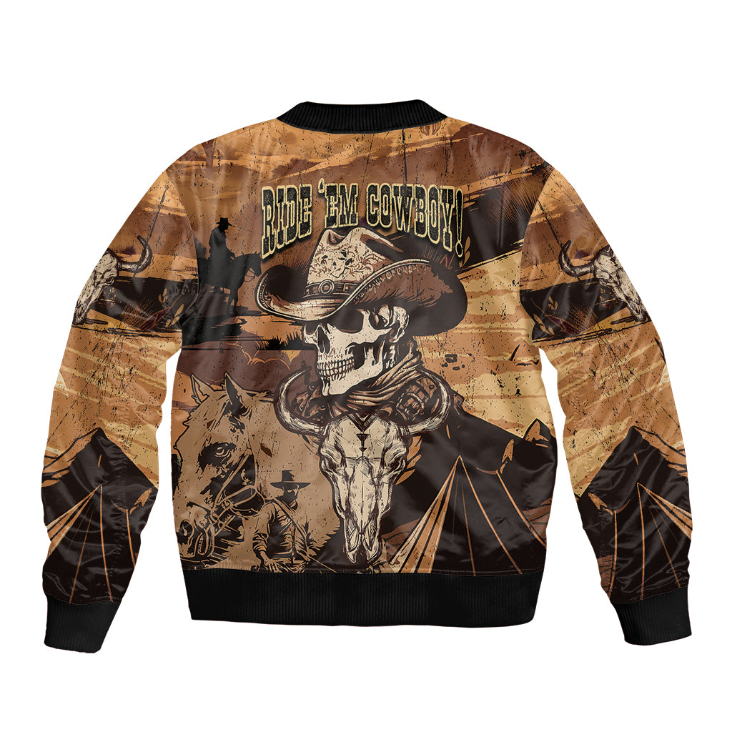 Unisex bomber jacket with cowboy skull back print, ribbed cuffs and hem