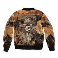 Unisex bomber jacket with cowboy skull back print, ribbed cuffs and hem