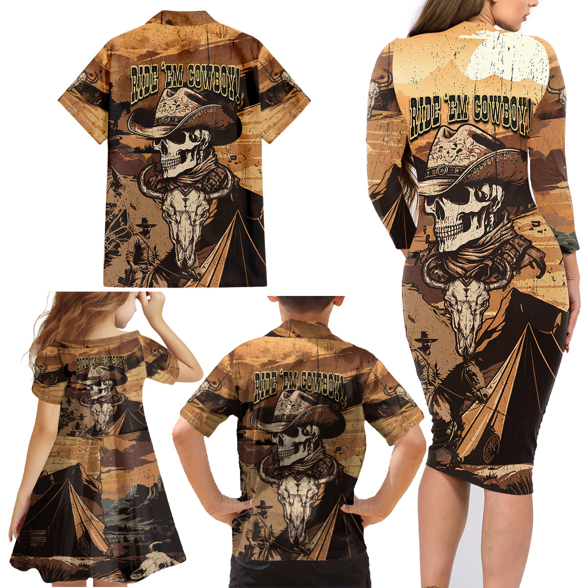 Skull Cowboy Family Matching Long Sleeve Bodycon Dress and Hawaiian Shirt Rise Em Cowboy - Wonder Print Shop