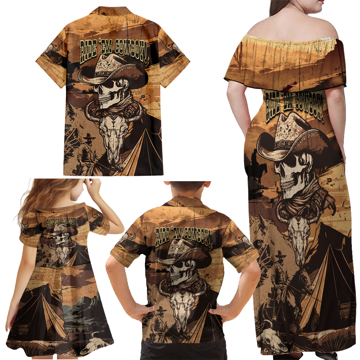 Skull Cowboy Family Matching Off Shoulder Maxi Dress and Hawaiian Shirt Rise Em Cowboy - Wonder Print Shop