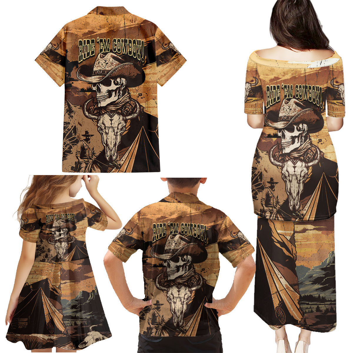 Skull Cowboy Family Matching Puletasi Dress and Hawaiian Shirt Rise Em Cowboy - Wonder Print Shop