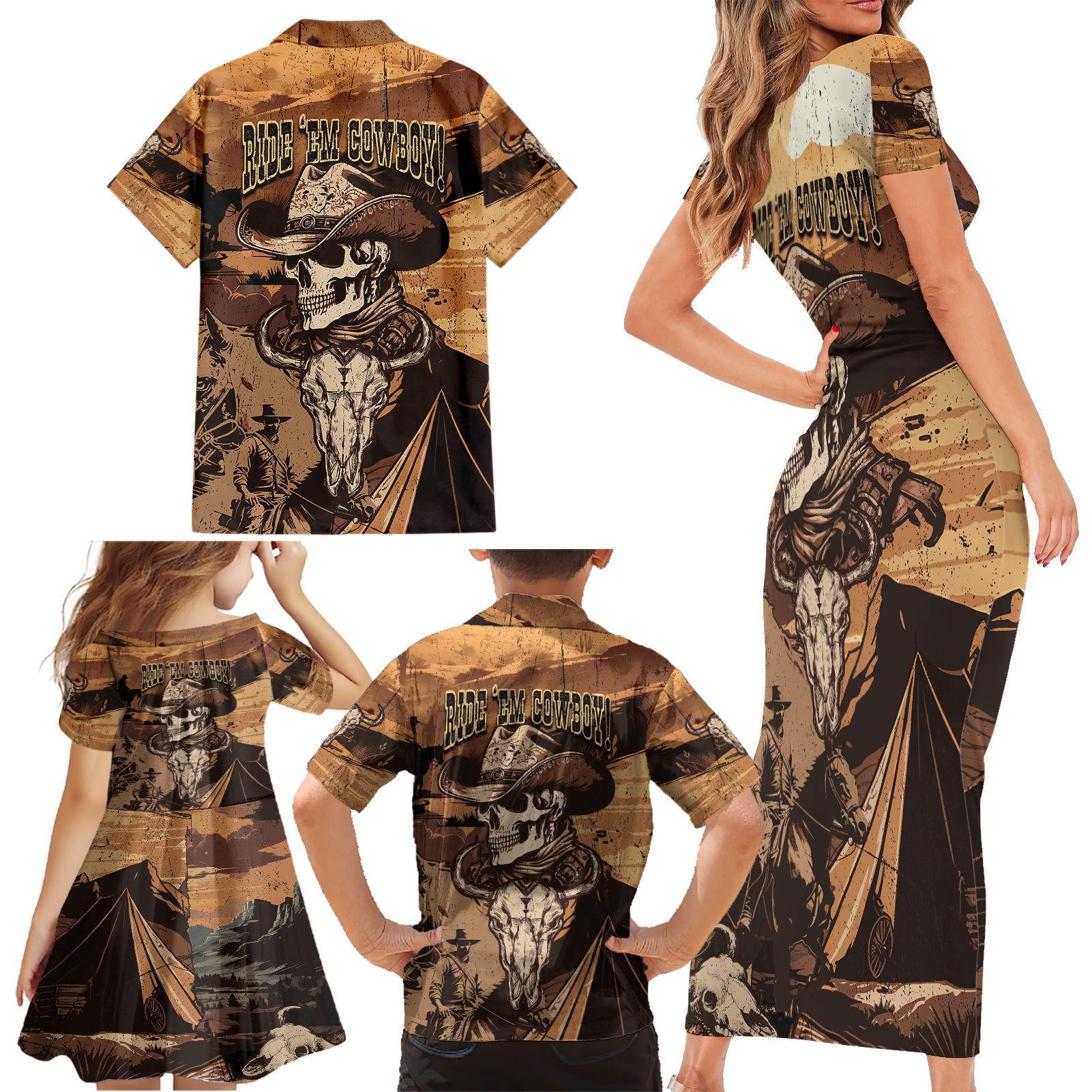 Skull Cowboy Family Matching Short Sleeve Bodycon Dress and Hawaiian Shirt Rise Em Cowboy - Wonder Print Shop