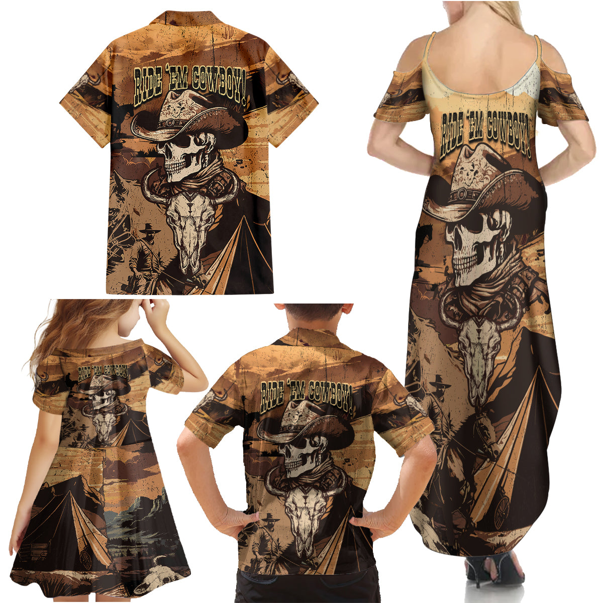 Skull Cowboy Family Matching Summer Maxi Dress and Hawaiian Shirt Rise Em Cowboy - Wonder Print Shop