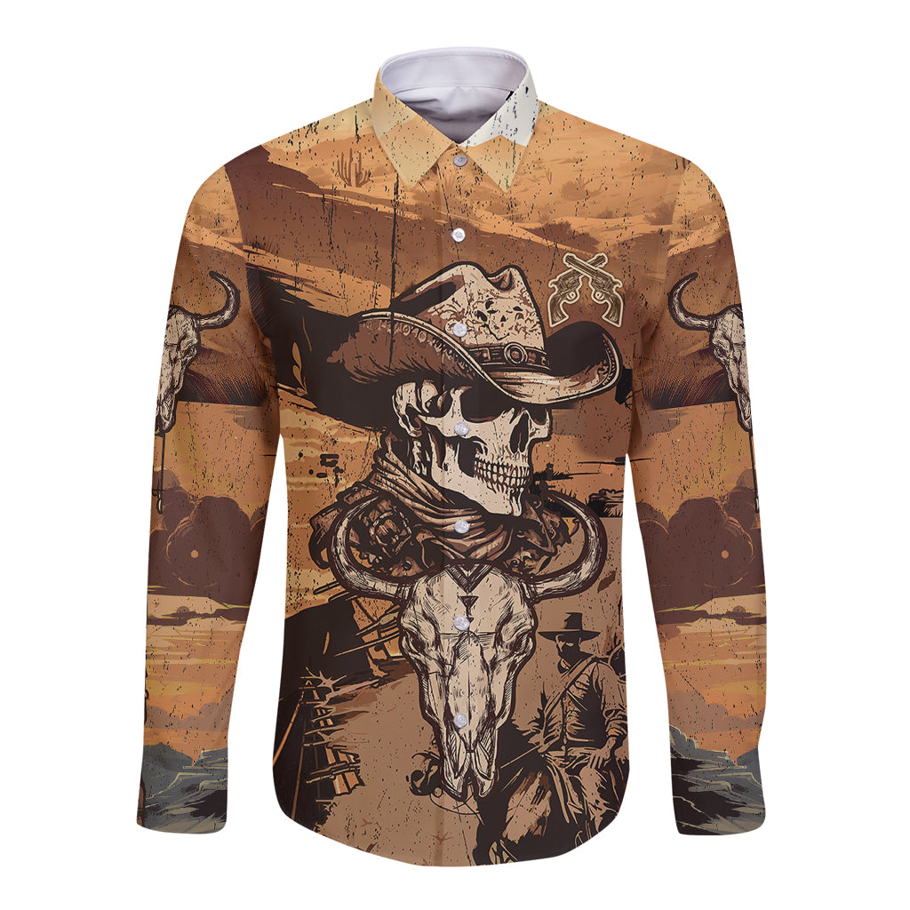 Cowboy long-sleeve button shirt, kraft with skull graphic and point collar