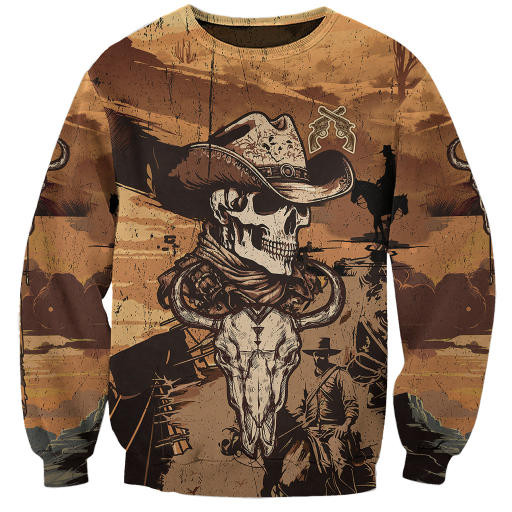 Unisex crewneck sweatshirt, tan-brown with skull cowboy graphic and illustrated revolver