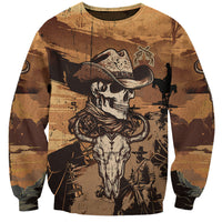 Unisex crewneck sweatshirt, tan-brown with skull cowboy graphic and illustrated revolver