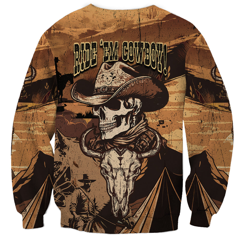 Unisex crewneck sweatshirt, tan-brown with skull in cowboy hat front graphic