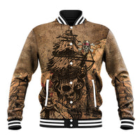 Brown pirate baseball jacket with front skull and ship art, snap buttons, striped ribbed collar.